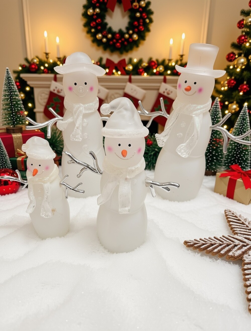 Vintage 4Frosted White Glass Snowman Christmas Glitter Scarf Silver Branch Arms